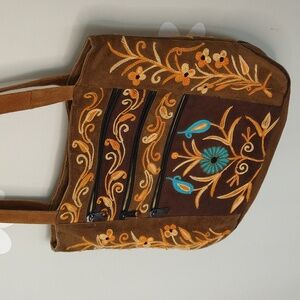 Bohemian Made In Nepal Brown & Turquoise Embroidered Faux Suede Shoulder Bag